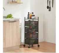 [en.casa] Chariot de Service à 4 Niveaux Desserte à roulettes avec Paniers Dépliables Meuble de Rangement pour Cusine Salle de Bain Bureau Acier 80 x 27 x 27 cm Noir