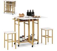 Desserte de Cuisine, Table à Manger roulante et 2 tabourets avec étagères à vin, 5 Roues, Gain de Place, pour la Maison, la Cuisine, Le pub, Le Petit-déjeuner, Le Bar (Marron + Noir)