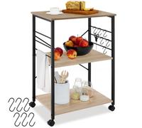 DESSERTE DE CUISINE - TECTAKE - Chariot de service RUGBY avec 3 niveaux avec 6 crochets - Bois Clair