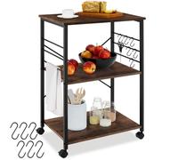 TecTake® Desserte à roulettes 65,5 x 45,5 x 88,5 cm, Servante à 3 Niveaux et 6 Crochets pour Accessoires Chariot de Service Desserte de Cuisine roulettes pivotantes à Frein Meuble Cuisine, Bois foncé