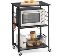Desserte de cuisine - VASAGLE - Chariot à 3 Niveaux - Roulettes - Cadre Métallique - 6 Crochets - Noir Boisé