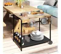 Desserte de jardin chariot pour plancha barbecue en bois et métal avec poignée 2 plateaux 2 paniers et porte-bouteilles
