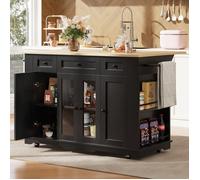 Desserte Ilot Central Cuisine,Plan de Travail Pliable,Finition en Bois,Roulettes,4 Portes 3 Tiroirs,151.5x85x91.7cm,Noir