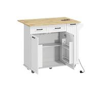 HomCom – Îlot cuisine mobile – prise électrique + USB, tablette abattante, étagère réglable – blanc