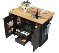 Desserte Îlot de cuisine 137,9 x 73 x 92,2 cm - plan rabattable, rangements et porte-bouteilles, MDF + métal, noir