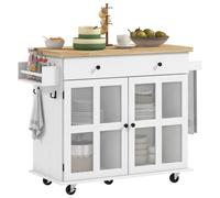 Desserte ilot de cuisine HOMCOM multi-rangements tiroir placards étagère, 115,5L x 46,2l x 86,5H cm, bois d'hévéa blanc