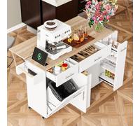 Desserte îlot de Cuisine sur Roulettes avec USB, Meuble de Cuisine avec Plans de Travail Rabattable et Compartiment Poubelle, 2 Tiroirs, 2 Portes avec Rangement, Organiseur Coulissant à 3 Niveau,Blanc