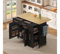 Desserte îlot de Cuisine sur Roulettes, Meuble de Cuisine avec Plans de Travail Rabattable, Porte-torchons, 2 Tiroirs, 2 Portes avec Rangement avec étagère Range, Organiseur coulissant à 3 Niveau,Noir