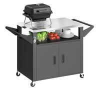 Outsunny Desserte Jardin avec Plan de Travail Inox - Chariot Barbecue à Étagère Coulissante - Meuble Cuisine Extérieur avec Armoire de Rangement pour Table Four à Pizza et Plancha, Noir