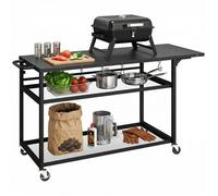 Outsunny Desserte Jardin Chariot de Barbecue sur roulettes îlot de Cuisine avec Plateau Latéral Pliable, Trois Étagères, Crochets et Poinége, 133 x 48,5 x 82 cm, Noir