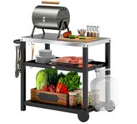 Outsunny Desserte plancha extérieure avec plan de travail en acier inoxydable, chariot de barbecue avec étagères, desserte de jardin avec crochets, porte-serviettes, 2 roues, 102x50x81cm, gris charbon