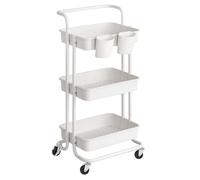 Desserte sur roulettes, Étagère de Rangement, avec poignée, 2 Pots, 2 Freins, paniers en Plastique, pour Chambre, Cuisine, Blanc