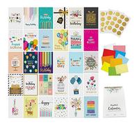 Dessie Cartes d'anniversaire uniques en feuille d'or avec message à l'intérieur, calendrier d'anniversaire perpétuel et autocollants dorés, 32 enveloppes blanches et colorées, 30 cartes