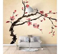 Dessin À La Main À L'Encre Et Au Lavis Branches Fleurs Roses Papier Peint 3D Installation Facile Intissé Tapisserie Bureau Salon Canapé Chambre Décoration Murale-200cm×140cm