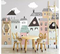 Dessin À La Main Bande Dessinée Coloré Petite Maison Nuages Papier Peint 3D Installation Facile Intissé Tapisserie Bureau Salon Canapé Chambre Décoration Murale-250cm×170cm