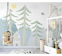 Dessin À La Main Cartoon Forest Small House Sun Flying Bird 3D Papier Peint Texture Soyeuse Intissé Salle à Manger Bureau D'étude Canapé Chambre Salon TV Mur-430cm×300cm