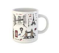 Dessin À La Main De Paris, Londres Et New York Ville Vintage Mug Durable Tasse À Café Drôle Tasse À Thé Cadeau Mignon Pour Collègue Noël Bureau 330Ml
