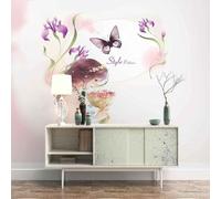 Dessin À La Main D'Une Fille De Bande Dessinée Avec Des Fleurs Violettes Papillons Papier Peint 3D Installation Facile Intissé Tapisserie Bureau Salon Canapé Chambre Décoration Murale-430cm×300cm
