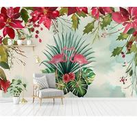 Dessin À La Main D'Une Jardinage Flamant Rose Feuille Fleur Rouge Papier Peint 3D Soie De Luxe Intissé Bureau Salle à Manger Canapé Chambre Salon TV Mural Décoratif-150cm×105cm
