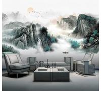 Dessin À La Main Encre De Chine Paysage Lever De Soleil Panorama Papier Peint 3D Installation Facile Intissé Tapisserie Bureau Salon Canapé Chambre Décoration Murale-400cm×280cm