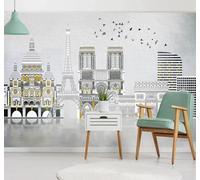 Dessin À La Main Géométrie Architecture Urbaine Oiseaux En Vol Paysage Papier Peint 3D Installation Facile Intissé Tapisserie Bureau Salon Canapé Chambre Décoration Murale-250cm×170cm