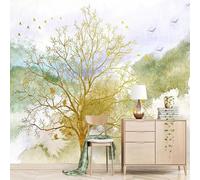 Dessin Abstrait À La Main Gribouillis Or Petit Arbre Élan Oiseau Volant Papier Peint 3D Installation Facile Intissé Tapisserie Bureau Salon Canapé Chambre Décoration Murale-300cm×210cm