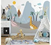 Dessin Animé À La Main Dino Saure Volcan Arbres Papier Peint 3D Installation Facile Intissé Tapisserie Bureau Salon Canapé Chambre Décoration Murale-300cm×210cm