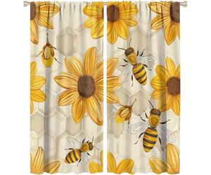 Dessin animé Abeille Enfants Chambre Black-out Rideau Jaune Fleur Chéri Ruche Imprimer Draperies avec Œillets Lumière Blocage Bruit Réduction Rideaux pour Infirmiers， B118 cm x L137 cm x 2 Stück