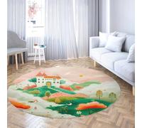 Dessin animé Ancien bâtiment Rond Tapis Oriental Jardin esthétique Cercle pépinière Tapis antidérapant à Poils Ras pour Balcon blanchisserie 160cm