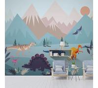 Dessin Animé Aquarelle Animal Dinosaure Arbre De Montagne Papier Peint 3D Installation Facile Intissé Tapisserie Bureau Salon Canapé Chambre Décoration Murale-200cm×140cm