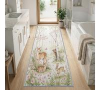 Dessin Animé Aquarelle Conte de Fées Tapis de Couloir Antiderapant | Forêt de Bouleau Fleurs Cerf Lapins Tapis Décoratif 80 x 180 cm pour Chambre Cuisine entrée et Maison Buanderie