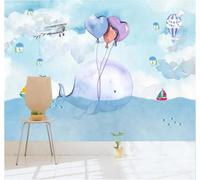 Dessin Animé Aquarelle Océan Baleine Montgolfière Papier Peint 3D Installation Facile Intissé Tapisserie Bureau Salon Canapé Chambre Décoration Murale-300cm×210cm