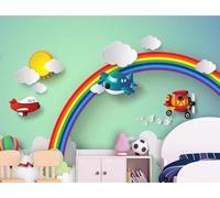 Dessin Animé Avion Nuages Blancs Arc En Ciel Soleil Papier Peint 3D Installation Facile Intissé Tapisserie Bureau Salon Canapé Chambre Décoration Murale-150cm×105cm