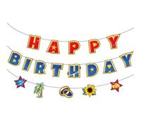 Dessin animé Banderole Joyeux Anniversaire, Pré-montée Toile de Fond Pancarte Thème Jeu Décorations de Fête pour Garçons Filles d'Anniversaire Baby Shower Fournitures (Bleu + Rouge)