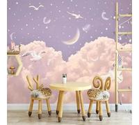 Dessin Animé Beaux Nuages Roses Plumes Ciel Étoilé Papier Peint 3D Installation Facile Intissé Tapisserie Bureau Salon Canapé Chambre Décoration Murale-200cm×140cm
