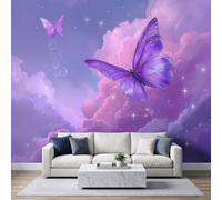dessin Animé Conte de Fées EsthétiquePapier Peint Photo Mural 150 x 105 cm | Papier Peint Panoramique Violet Papillon Nuages Ciel Étoilé pour Salon Chambre D'enfant Murale Décoration Intérieure