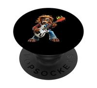 Dessin animé Cool Lion, Guitariste et Lecteur de Musique Rock PopSockets PopGrip Adhésif
