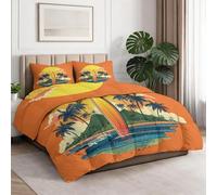 Dessin Animé Couette 4 Saisons 220 x 240 cm - Île Planche De Surf Soleil Imprimée Reversible Édredon sans Housse, Couleur Orange Lavable Douce et Confortable Couette avec 2 Taies 65x65 cm