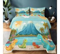 Dessin Animé Couette Imprimée Volcan Plage Dinosaure Couette Sans Housse 135 x 200 cm 4 Saisons Cooling, Bleu Couettes Matelassée Legere et Chaude Couvre-Lit Réversible Lavable avec 2 Taies d'oreiller