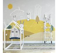 Dessin Animé Dessin Au Trait Architecture Arbres Animaux Papier Peint 3D Installation Facile Intissé Tapisserie Bureau Salon Canapé Chambre Décoration Murale-250cm×170cm