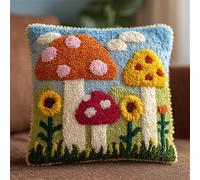 Dessin animé DIY Kit de crochet à loquet,Champignons et fleurs,taie d'oreiller pré-imprimé,fils au crochet,coussin tricoté pour la maison,le canapé,43x43cm