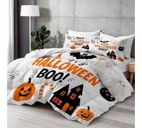 Dessin Animé Éléments d'halloween Fantôme Printed Comforter Set, All-Season Alternative Duvet Insert, Orange Noir Soft Quilted Bedding for Bedroom Decor, Comforter for Summer AC & Winter 173×229 cm