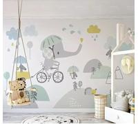 Dessin Animé Éléphant Dessiné À La Main Vélo Nuages Papier Peint 3D Installation Facile Intissé Tapisserie Bureau Salon Canapé Chambre Décoration Murale-200cm×140cm