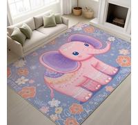 Dessin Animé Éléphant Fleurs Contes De Fées Tapiss de Fleurs Contes De Fées Doux Tapis Imprimé Tapis Lavable 120 x 160 cm, Tapis de Antidérapant pour Chambre Salle à Manger Bureau, Violet Clair