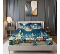 Dessin Animé Étoiles Chalet De Noël Forêt Drap Housse 90 x 200 + 30 cm, Doux Draps Housses en Microfibre Bleu Foncé Imprimé Drap-Housse avec Une Rebord Élastique - Housse Matelas avec Bonnet 30 cm