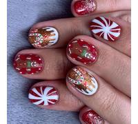 Dessin Animé Gingerbreads Man False Nails Press De Noël Sur Des Ongles Candy House Couvrages Complets Stick Sur Des Bonbons Artificiels Faux Christmas Presse Scintillante Artificielle