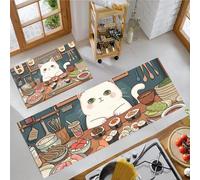 Dessin Animé Japonais Lot de 2 Tapis Cuisine antidérapants lavables, Bar À Sushis pour Chats Tapis de Cuisine, Brun - 50x80+50x120cm