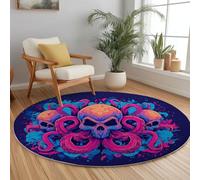 Dessin Animé Lavable Tapis Rond 120 cm, Fantaisie Animaux Marins Pieuvre Motif Doux Antidérapant Tapis à Poils Courts, Violet Flanelle Paillasson pour Chambre Salon Cuisine Bureau Décorations