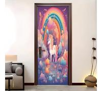 Dessin Animé Licorne Arc-En-Ciel Nuage 3D Portephoto Stickers, Amovible éTanche PVC Auto-adhésif Autocollants Porte, Coloré Porte Muraux Auto-adhésif Stickers pour Décoration Intérieure 90x200 cm