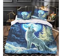 Dessin animé Loup Howling at The Lune 3D Parure De Lit, 3 Pièces Housse De Couette Microfibre Ensemble De Literie Winter Forêt Imprimé Taies D'oreiller, Pour Adultes Et Enfants Super King（260x220cm）